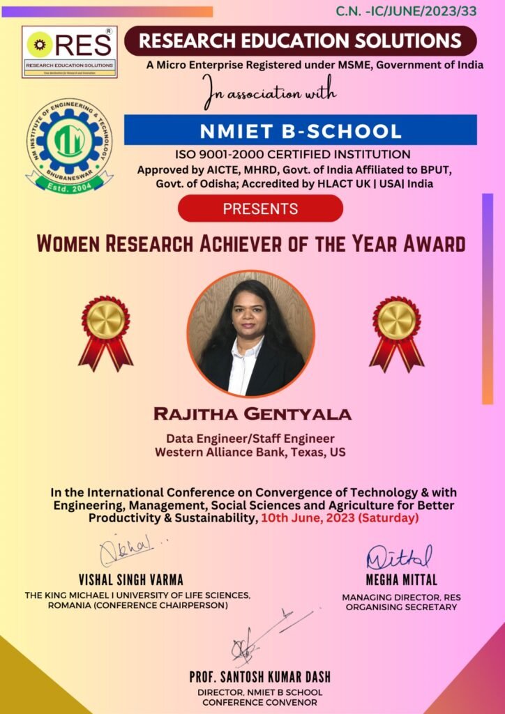 Rajitha Gentyala Honored with Women Research Achiever of the Year Award